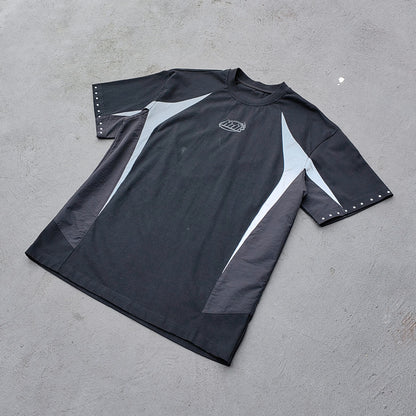 Raglan Color Block Tee - Black White HDK Logo Studded Y2K Oversized Streetwear