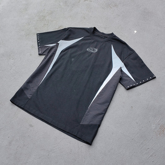 Raglan Color Block Tee - Black White HDK Logo Studded Y2K Oversized Streetwear