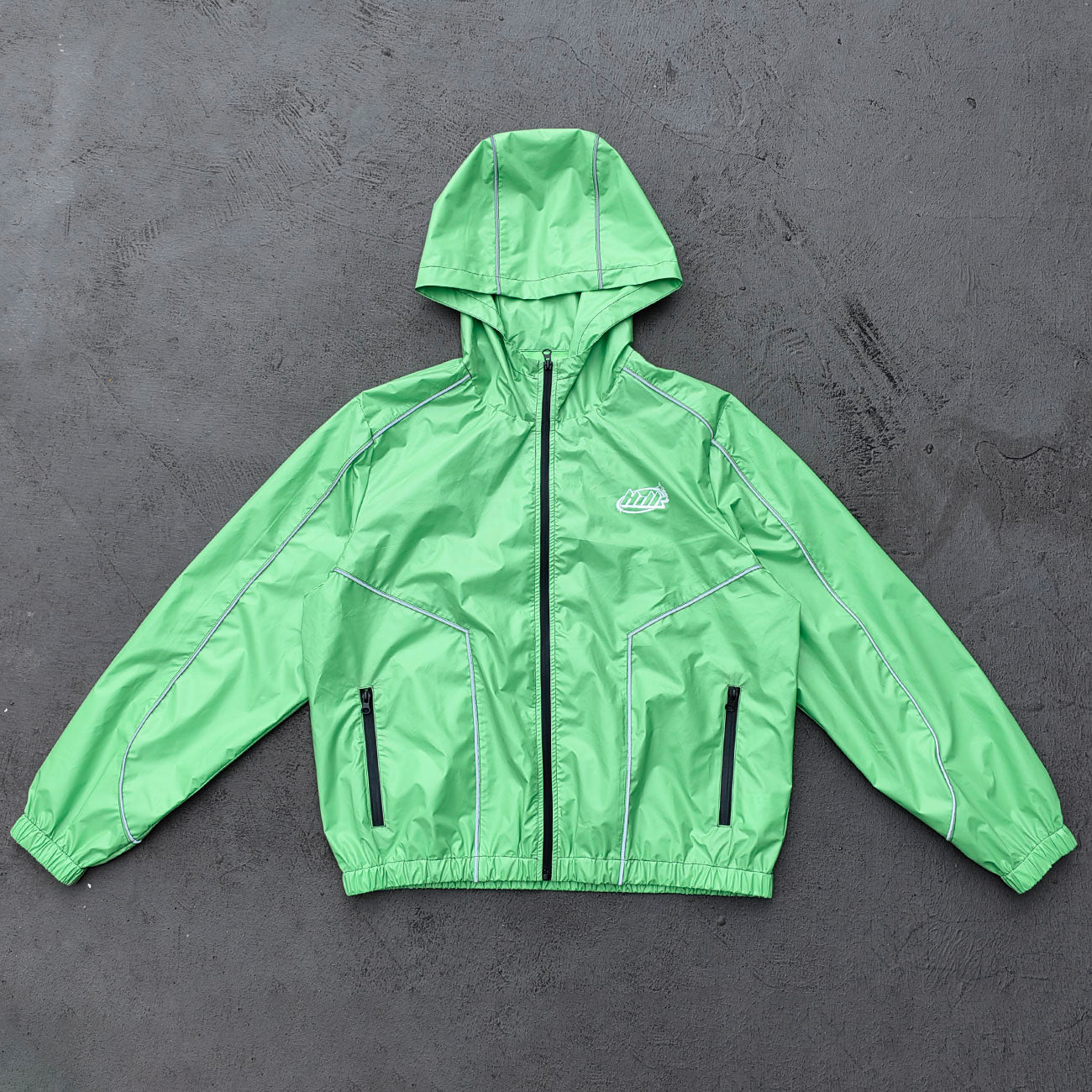 Reflective Piping Windbreaker - Neon Green Hooded Full Zip HDK Logo Y2K Streetwear