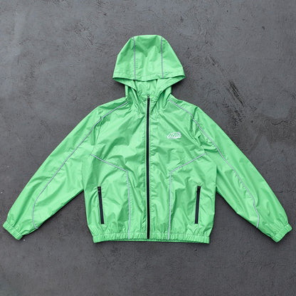 Reflective Piping Windbreaker - Neon Green Hooded Full Zip HDK Logo Y2K Streetwear