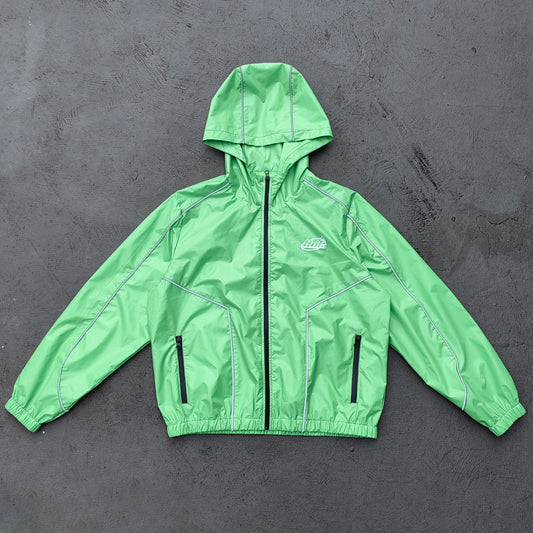 Reflective Piping Windbreaker - Neon Green Hooded Full Zip HDK Logo Y2K Streetwear