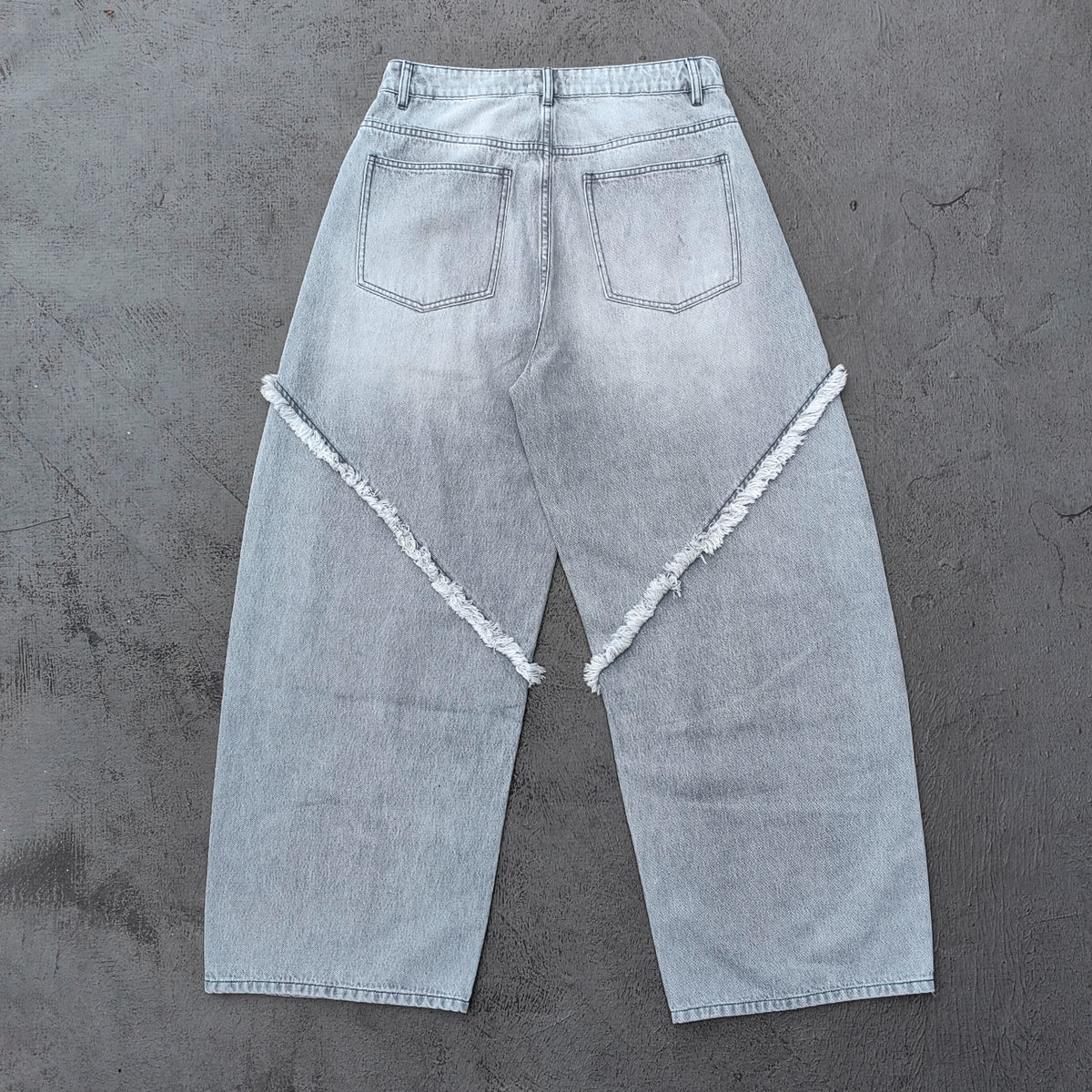 Wide Leg Jeans - Smoke Gray Acid Wash Geometric Panel Frayed Fringe Distressed Y2K Streetwear