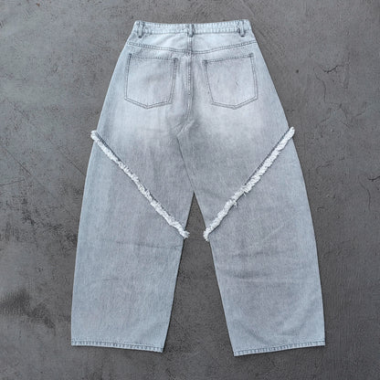 Wide Leg Jeans - Smoke Gray Acid Wash Geometric Panel Frayed Fringe Distressed Y2K Streetwear