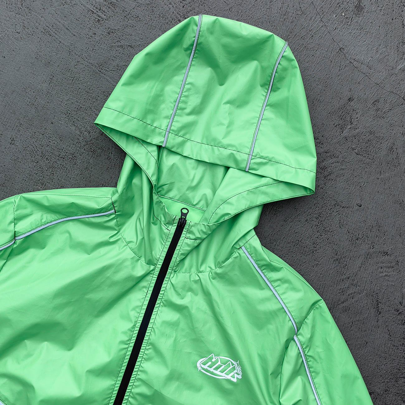 Reflective Piping Windbreaker - Neon Green Hooded Full Zip HDK Logo Y2K Streetwear