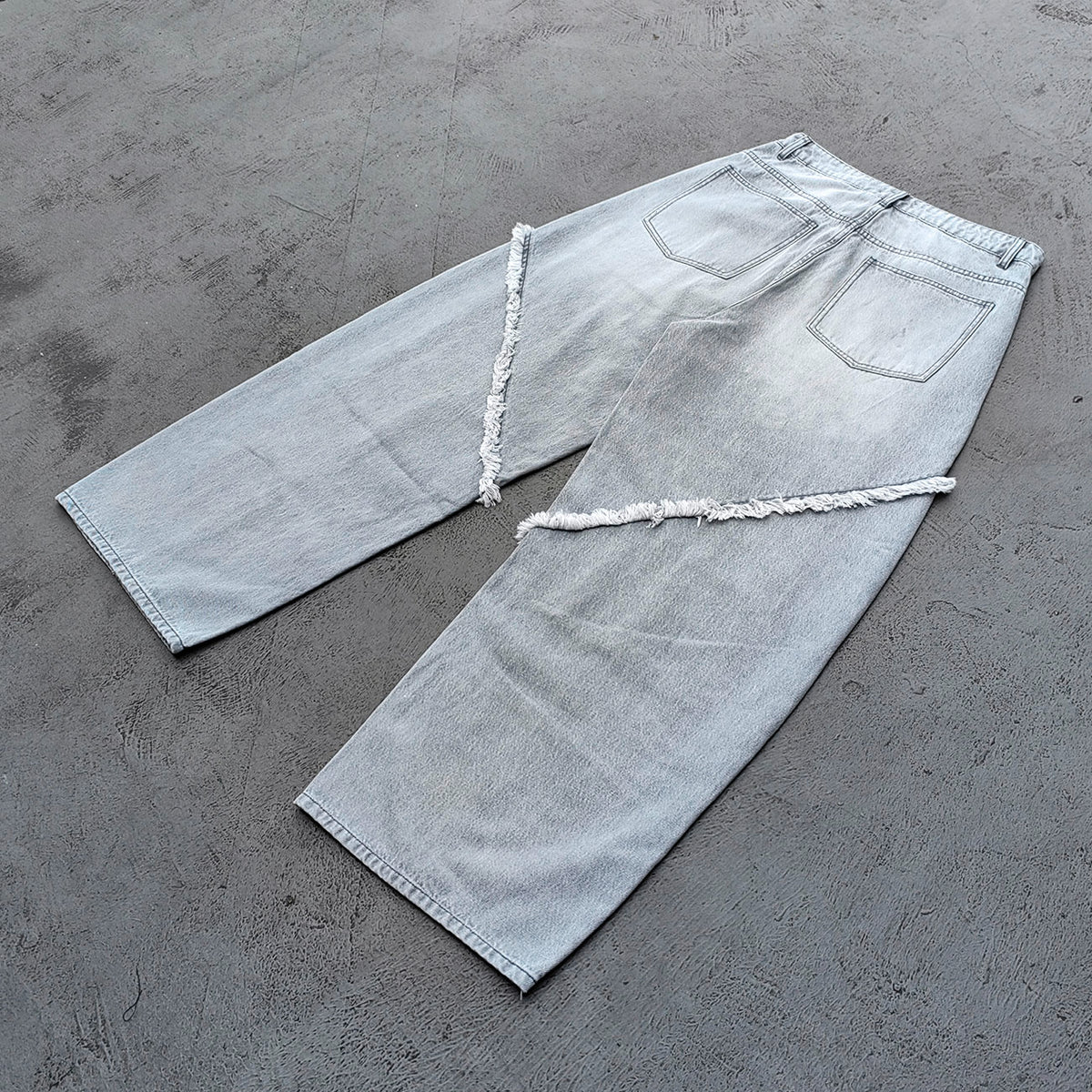 Wide Leg Jeans - Smoke Gray Acid Wash Geometric Panel Frayed Fringe Distressed Y2K Streetwear