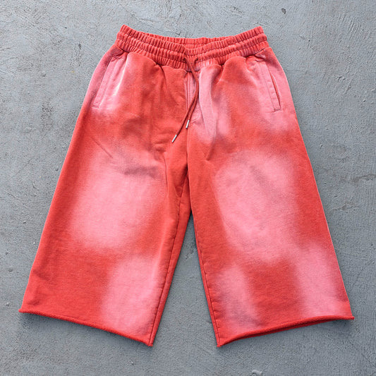 Acid Wash Sweat Shorts - Brick Red Rust Gradient Frayed Hem Raw Edge Y2K Streetwear