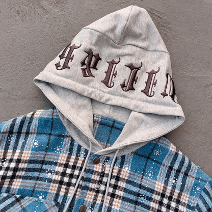 Gothic Embroidered Hooded Flannel - Blue Plaid Rhinestone Snap Button Shacket