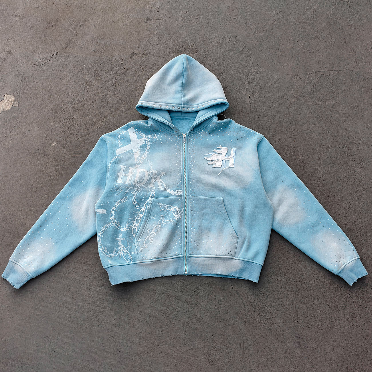 Light Blue Rhinestone Chain Tracksuit - Y2K Gradient Wash Matching Set