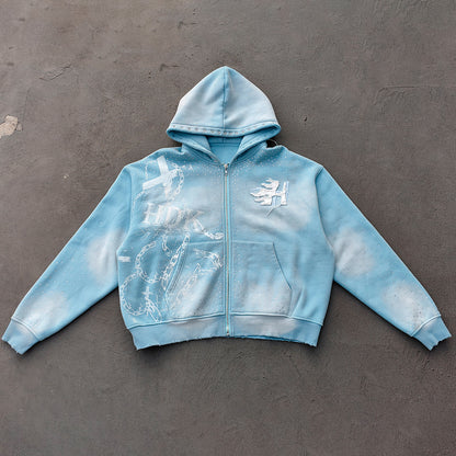 Light Blue Rhinestone Chain Tracksuit - Y2K Gradient Wash Matching Set