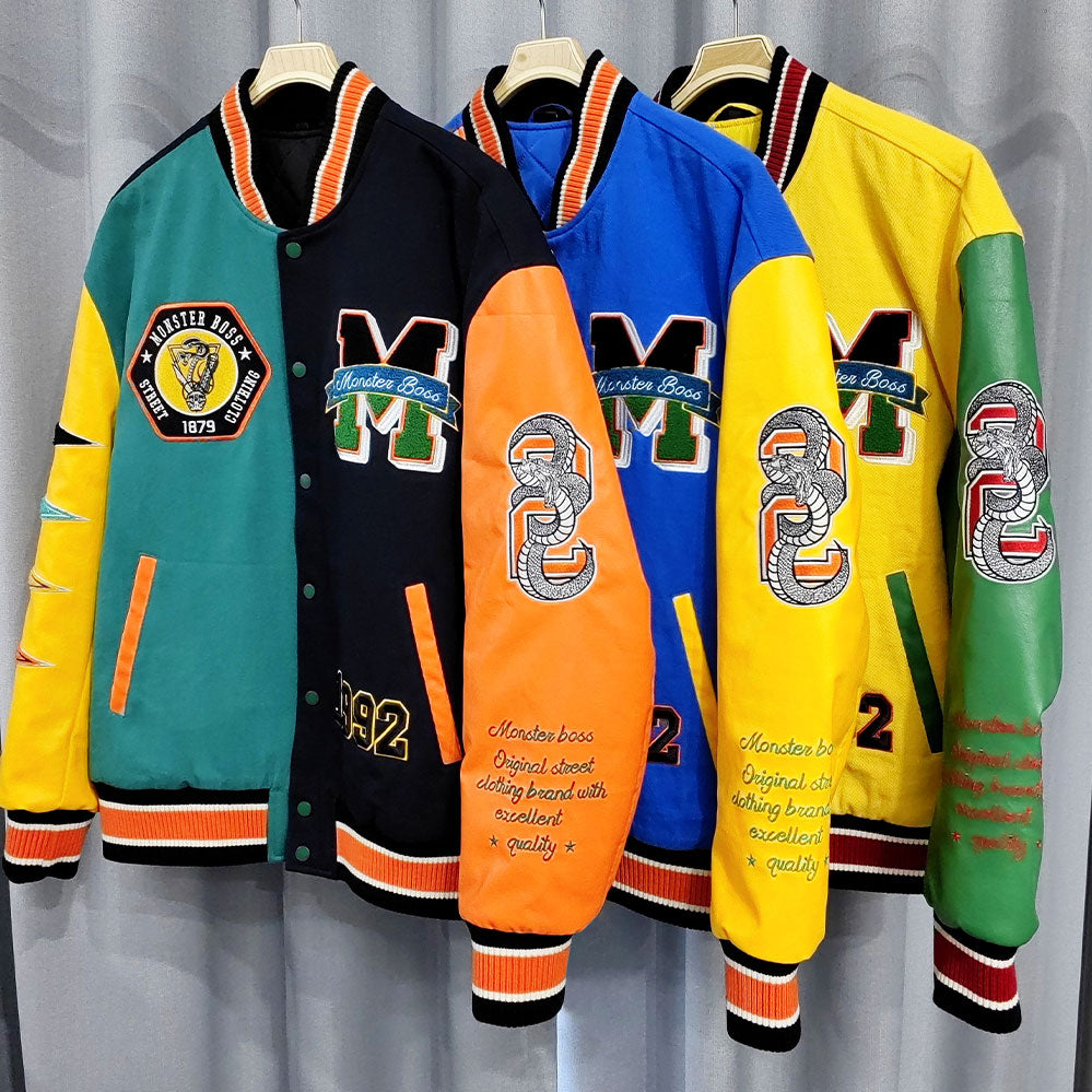 Huili factory wholesale custom logo chenille embroidery letterman varsity jacket with leather sleeves