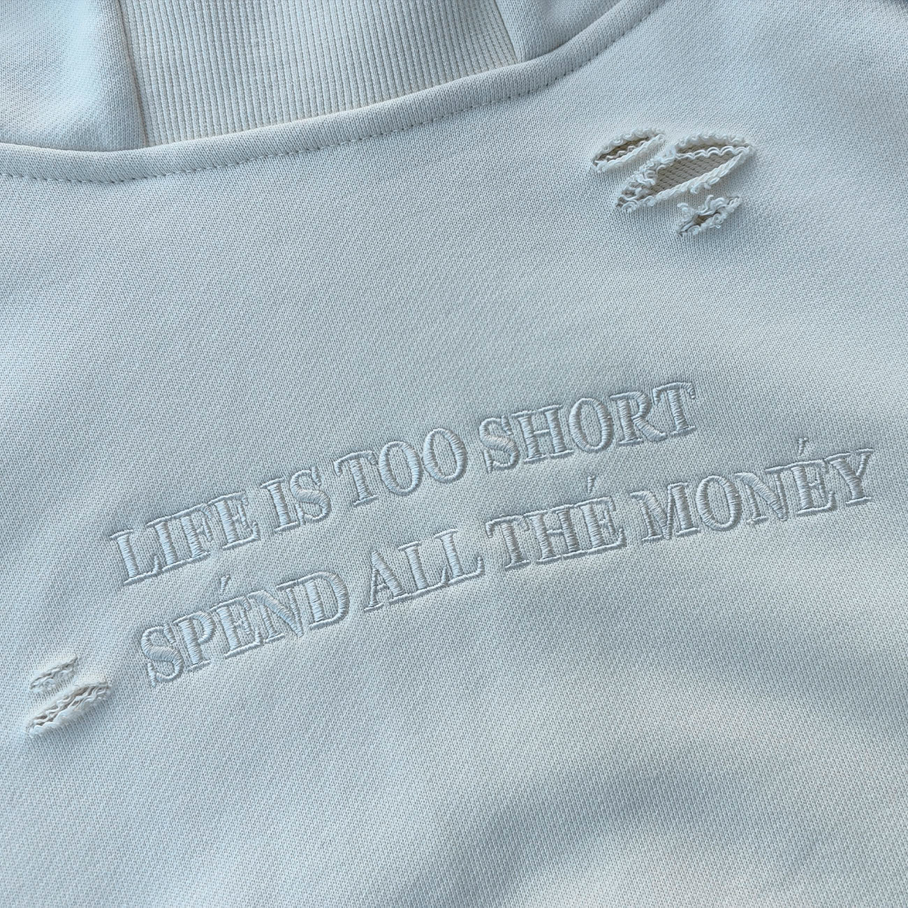 Distressed Deconstructed Hoodie - Life is Too Short Embroidery Y2K Streetwear