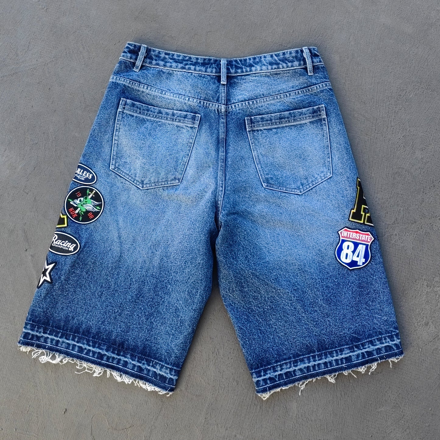 Vintage Patch Denim Shorts - Distressed Y2K Baggy Jean Jorts