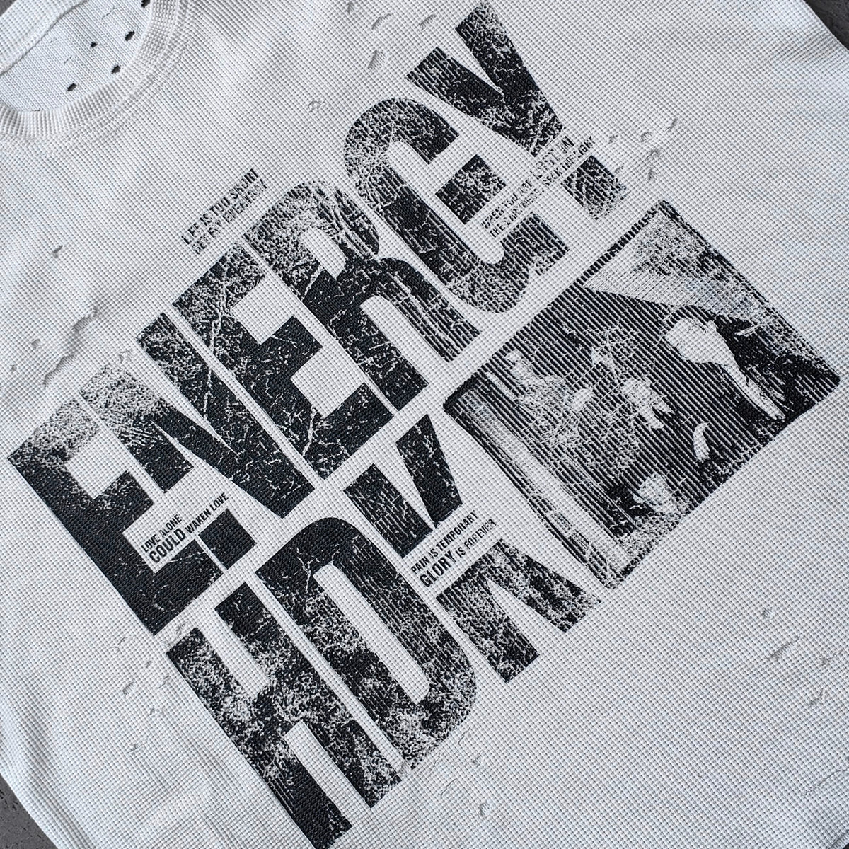 ENERGY HDK Sleeveless Tee - Black White Waffle Knit Cut Off Muscle Tee Distressed Ripped Y2K Streetwear