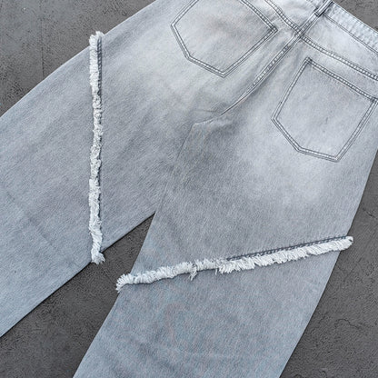 Wide Leg Jeans - Smoke Gray Acid Wash Geometric Panel Frayed Fringe Distressed Y2K Streetwear