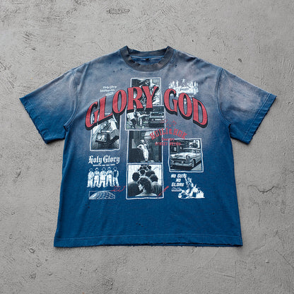 GLORY GOD Graphic Tee - Denim Blue Acid Wash Vintage Street Collage Print Distressed Ripped Raw Hem Y2K Streetwear