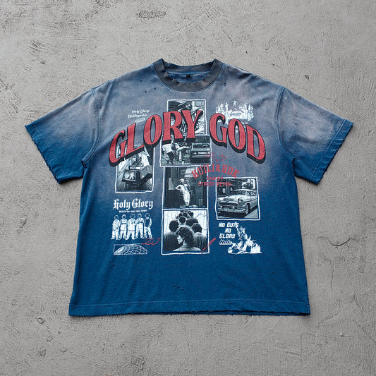 GLORY GOD Graphic Tee - Denim Blue Acid Wash Vintage Street Collage Print Distressed Ripped Raw Hem Y2K Streetwear