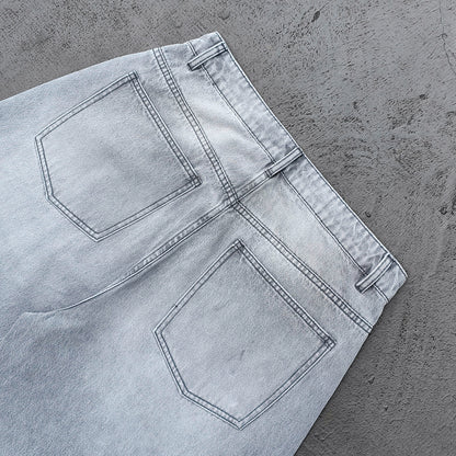 Wide Leg Jeans - Smoke Gray Acid Wash Geometric Panel Frayed Fringe Distressed Y2K Streetwear