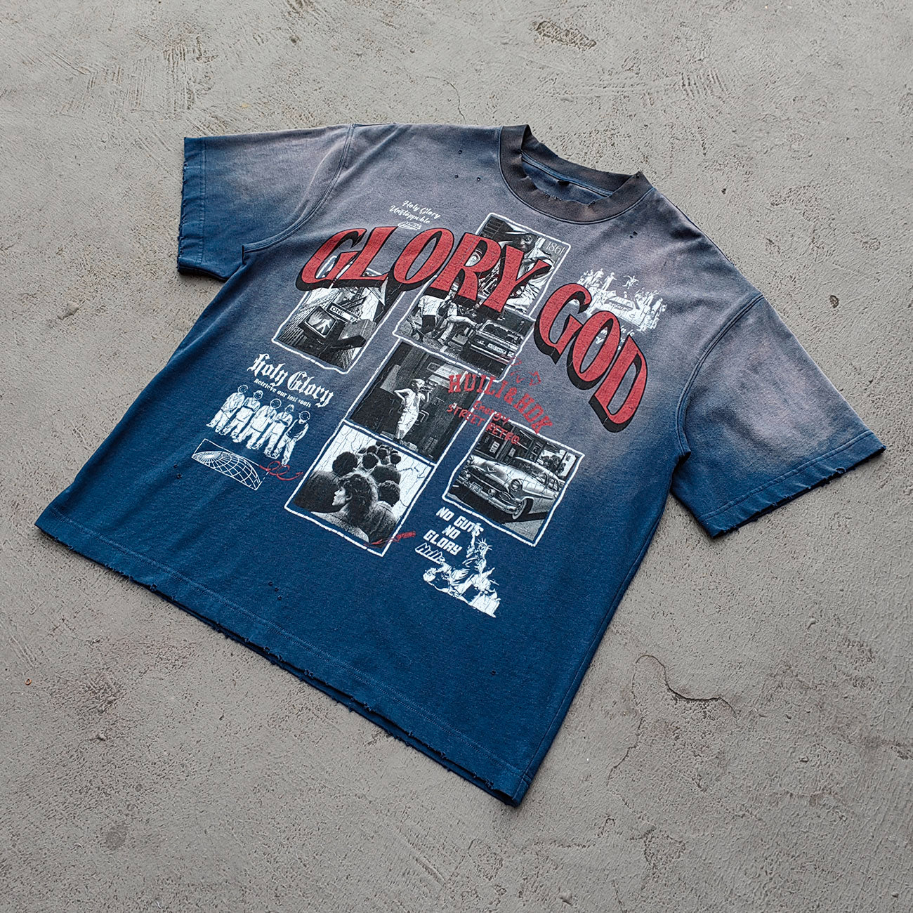 GLORY GOD Graphic Tee - Denim Blue Acid Wash Vintage Street Collage Print Distressed Ripped Raw Hem Y2K Streetwear