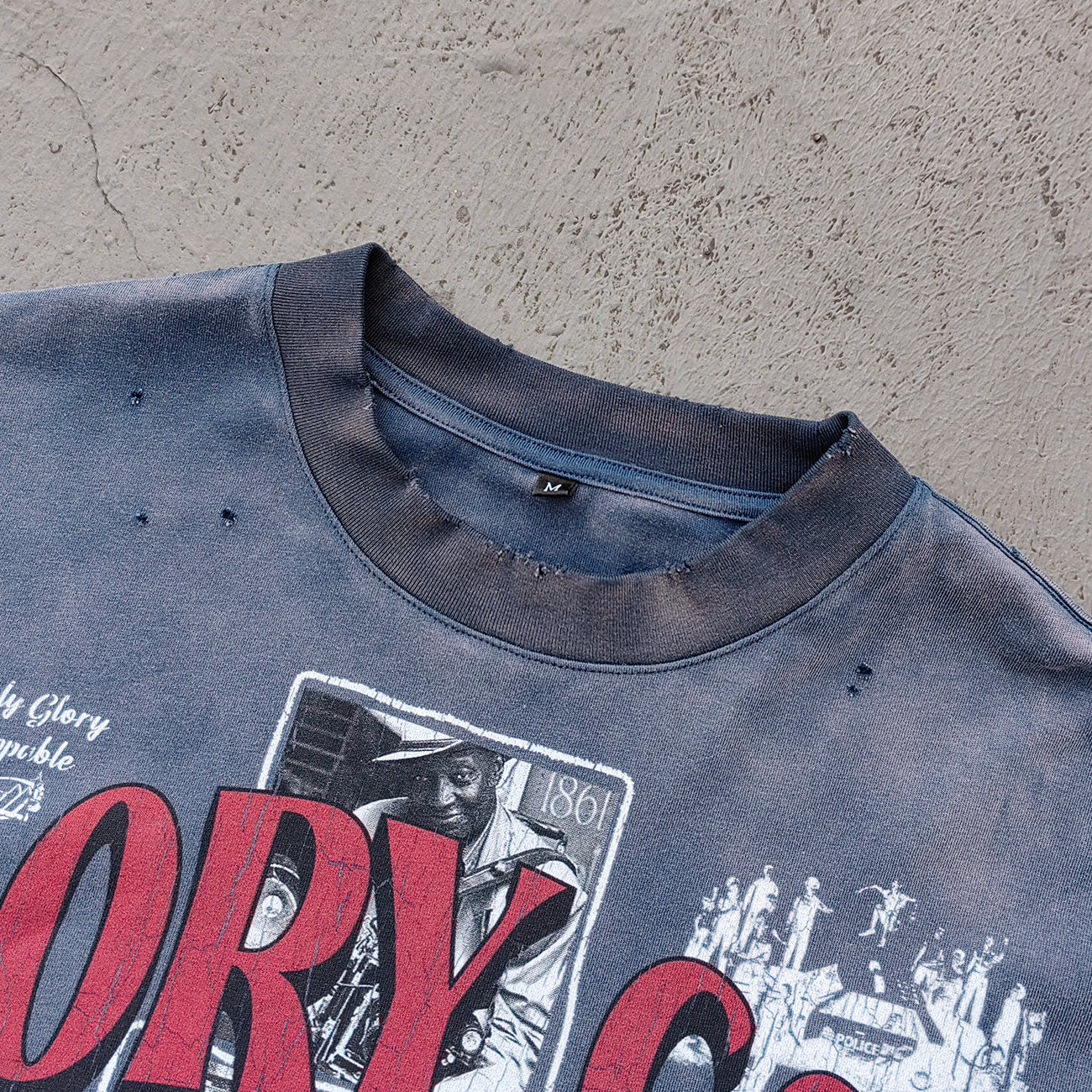 GLORY GOD Graphic Tee - Denim Blue Acid Wash Vintage Street Collage Print Distressed Ripped Raw Hem Y2K Streetwear
