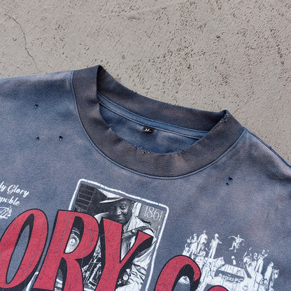 GLORY GOD Graphic Tee - Denim Blue Acid Wash Vintage Street Collage Print Distressed Ripped Raw Hem Y2K Streetwear