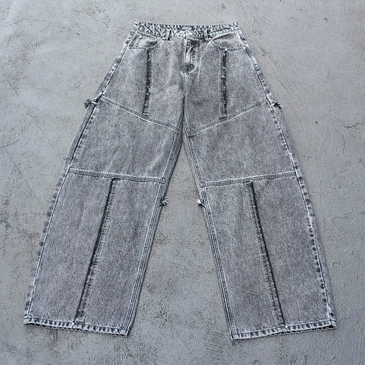 Y2K Deconstructed Jeans - Smoke Gray Wash Geometric Patchwork Vertical Seam Side Frayed Wide Leg Baggy
