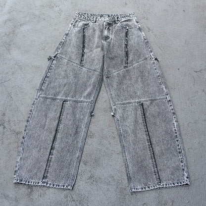 Y2K Deconstructed Jeans - Smoke Gray Wash Geometric Patchwork Vertical Seam Side Frayed Wide Leg Baggy