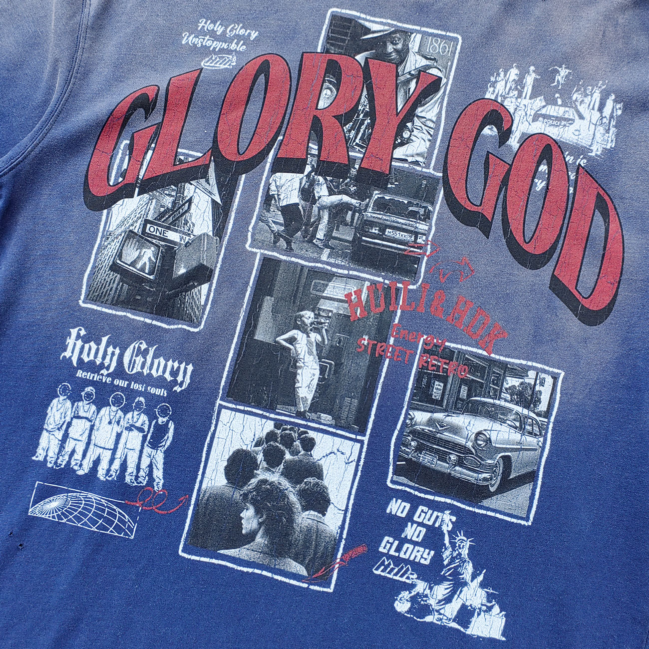 GLORY GOD Graphic Tee - Denim Blue Acid Wash Vintage Street Collage Print Distressed Ripped Raw Hem Y2K Streetwear