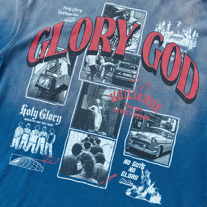 GLORY GOD Graphic Tee - Denim Blue Acid Wash Vintage Street Collage Print Distressed Ripped Raw Hem Y2K Streetwear
