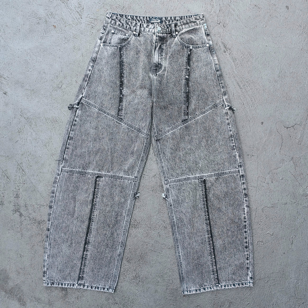 Y2K Deconstructed Jeans - Smoke Gray Wash Geometric Patchwork Vertical Seam Side Frayed Wide Leg Baggy