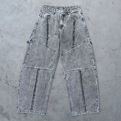 Y2K Deconstructed Jeans - Smoke Gray Wash Geometric Patchwork Vertical Seam Side Frayed Wide Leg Baggy