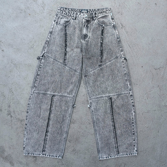 Y2K Deconstructed Jeans - Smoke Gray Wash Geometric Patchwork Vertical Seam Side Frayed Wide Leg Baggy