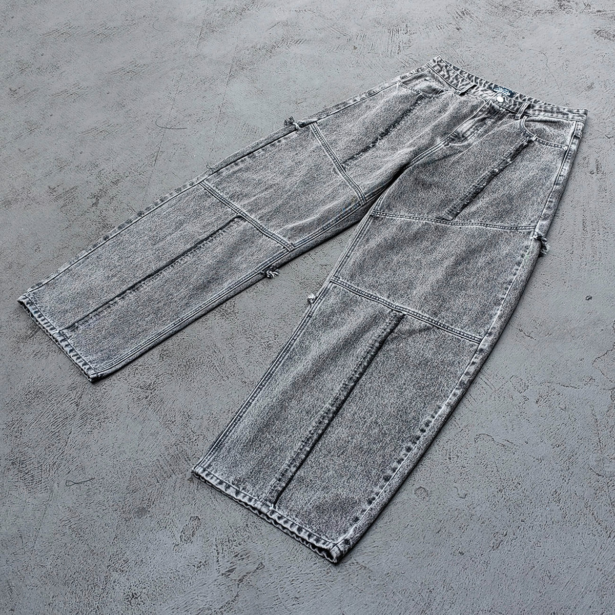 Y2K Deconstructed Jeans - Smoke Gray Wash Geometric Patchwork Vertical Seam Side Frayed Wide Leg Baggy