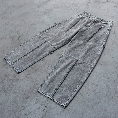 Y2K Deconstructed Jeans - Smoke Gray Wash Geometric Patchwork Vertical Seam Side Frayed Wide Leg Baggy