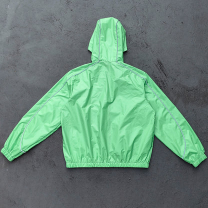 Reflective Piping Windbreaker - Neon Green Hooded Full Zip HDK Logo Y2K Streetwear