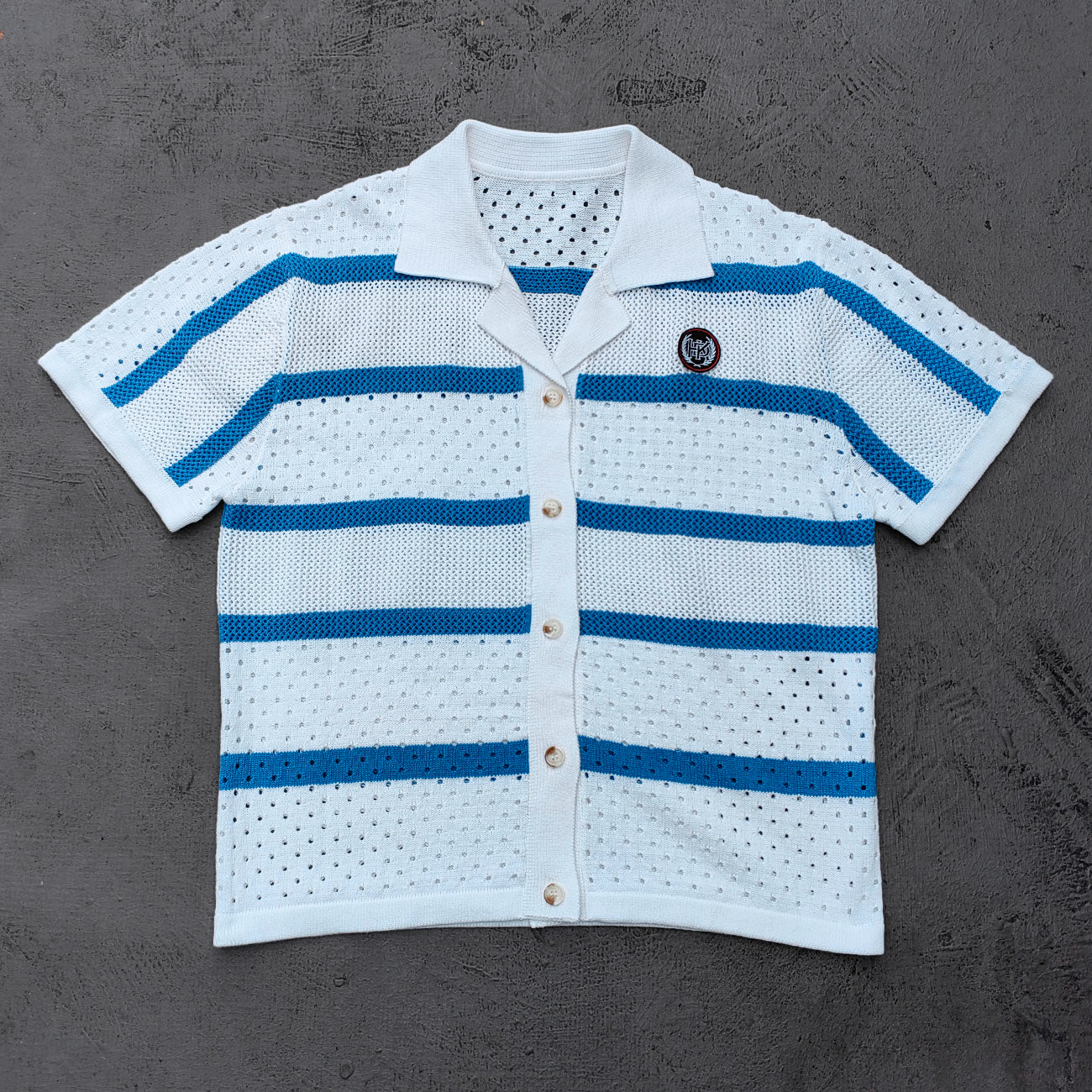 Crochet Knit Set - White Blue Stripe Camp Collar Shirt Shorts Y2K Vacation Streetwear
