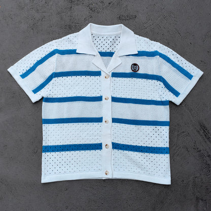 Crochet Knit Set - White Blue Stripe Camp Collar Shirt Shorts Y2K Vacation Streetwear