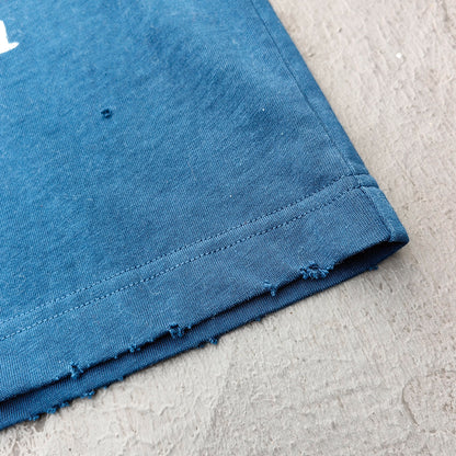 GLORY GOD Graphic Tee - Denim Blue Acid Wash Vintage Street Collage Print Distressed Ripped Raw Hem Y2K Streetwear