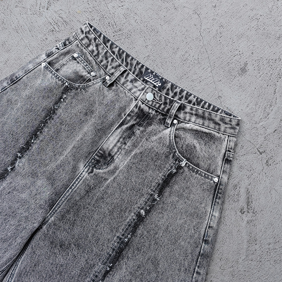 Y2K Deconstructed Jeans - Smoke Gray Wash Geometric Patchwork Vertical Seam Side Frayed Wide Leg Baggy