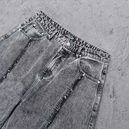 Y2K Deconstructed Jeans - Smoke Gray Wash Geometric Patchwork Vertical Seam Side Frayed Wide Leg Baggy