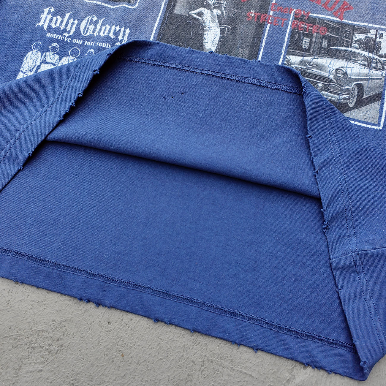 GLORY GOD Graphic Tee - Denim Blue Acid Wash Vintage Street Collage Print Distressed Ripped Raw Hem Y2K Streetwear