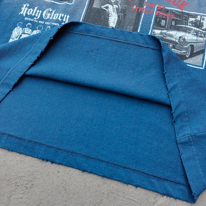 GLORY GOD Graphic Tee - Denim Blue Acid Wash Vintage Street Collage Print Distressed Ripped Raw Hem Y2K Streetwear