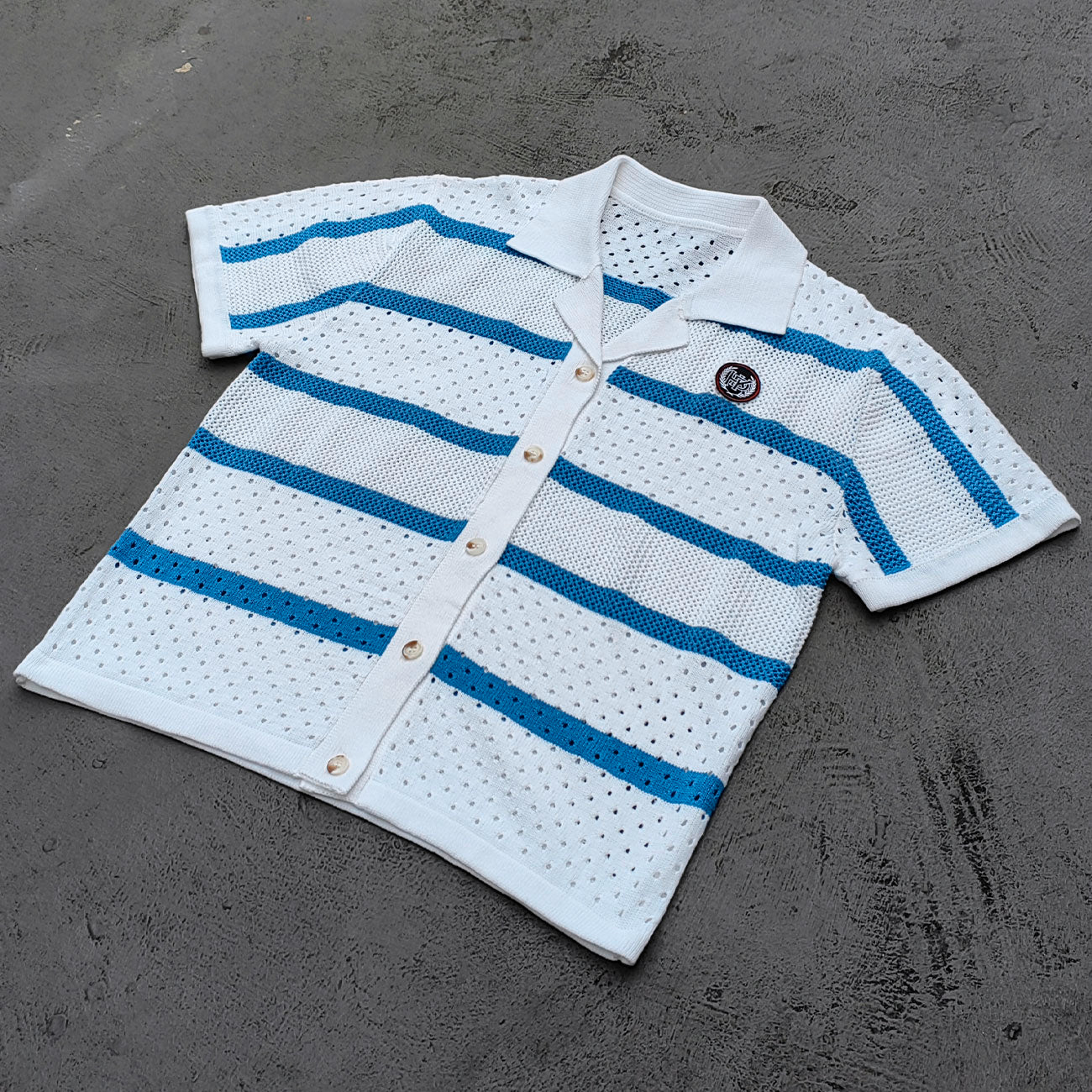 Crochet Knit Set - White Blue Stripe Camp Collar Shirt Shorts Y2K Vacation Streetwear
