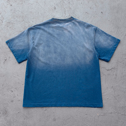 GLORY GOD Graphic Tee - Denim Blue Acid Wash Vintage Street Collage Print Distressed Ripped Raw Hem Y2K Streetwear