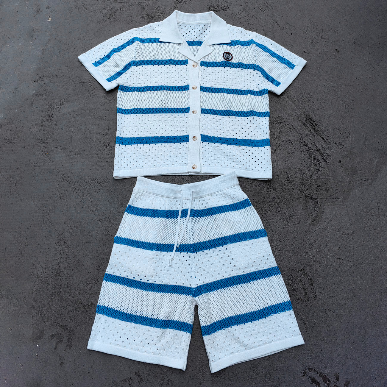 Crochet Knit Set - White Blue Stripe Camp Collar Shirt Shorts Y2K Vacation Streetwear
