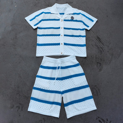 Crochet Knit Set - White Blue Stripe Camp Collar Shirt Shorts Y2K Vacation Streetwear