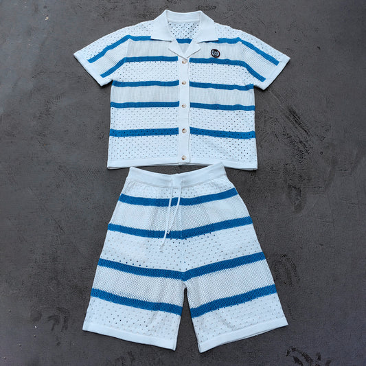 Crochet Knit Set - White Blue Stripe Camp Collar Shirt Shorts Y2K Vacation Streetwear