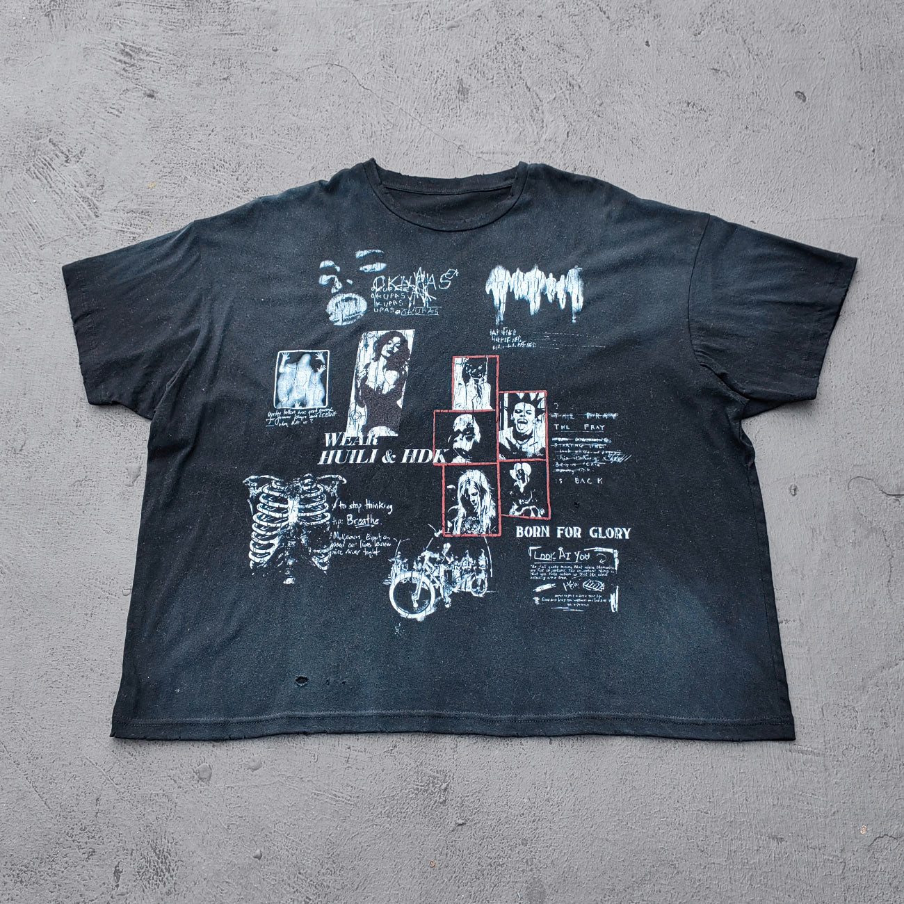 HUILI HDK Graphic Tee - Black Dirty Wash Punk Rock Collage Print Skeleton Ribcage Distressed Y2K Streetwear