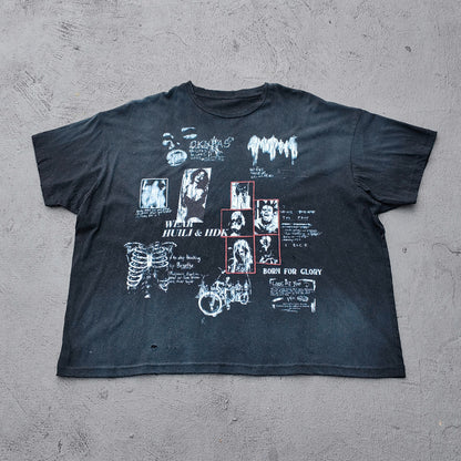 HUILI HDK Graphic Tee - Black Dirty Wash Punk Rock Collage Print Skeleton Ribcage Distressed Y2K Streetwear
