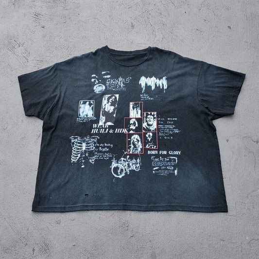 HUILI HDK Graphic Tee - Black Dirty Wash Punk Rock Collage Print Skeleton Ribcage Distressed Y2K Streetwear