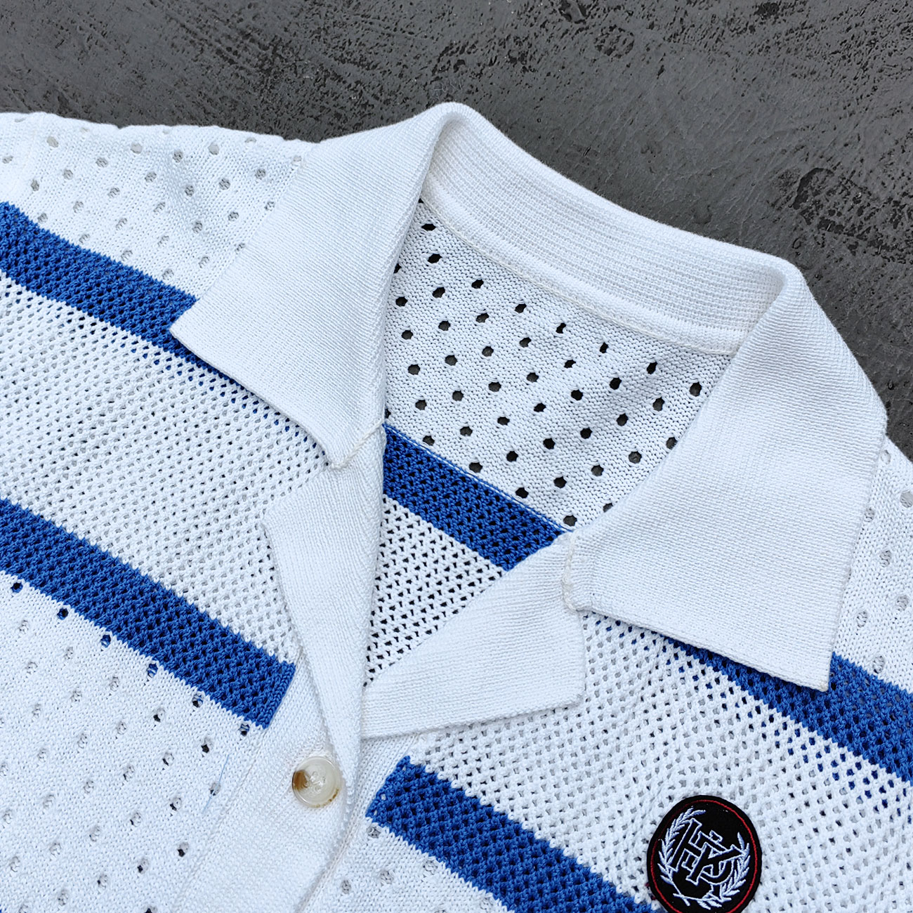 Crochet Knit Set - White Blue Stripe Camp Collar Shirt Shorts Y2K Vacation Streetwear